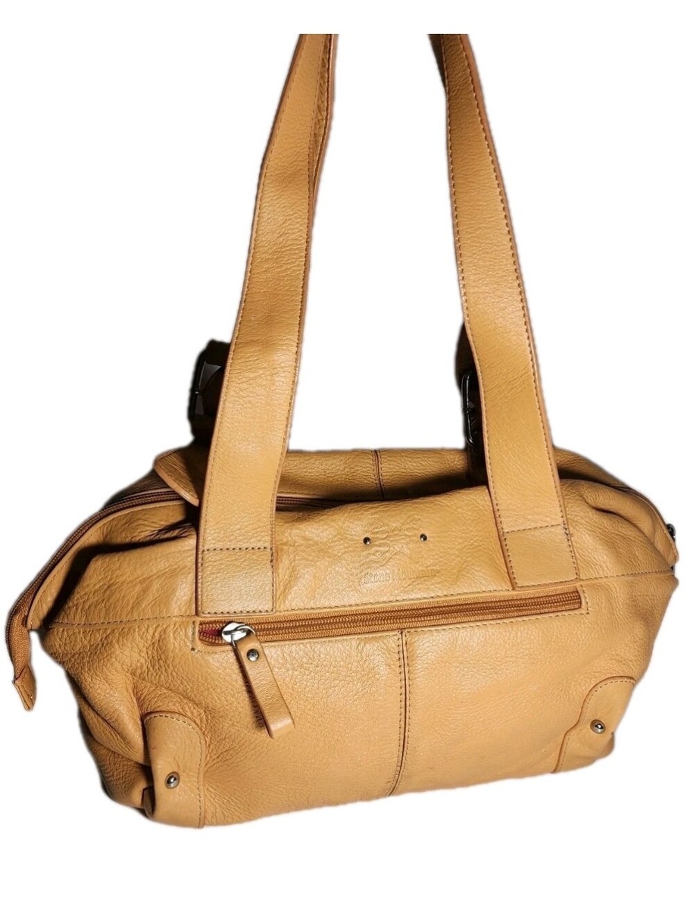 Stone Mountain Yellow Tan Leather Style Satchel Purse Bag Silky Pink Lining